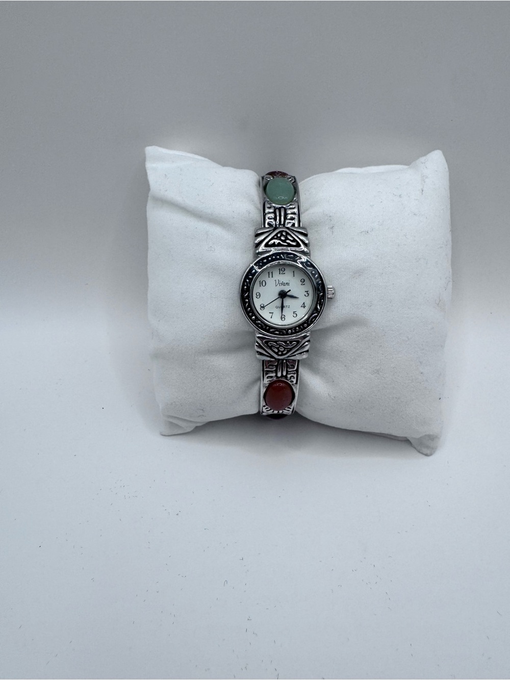Silver-Tone Women's Bracelet Watch with Green and Red Stone Accents